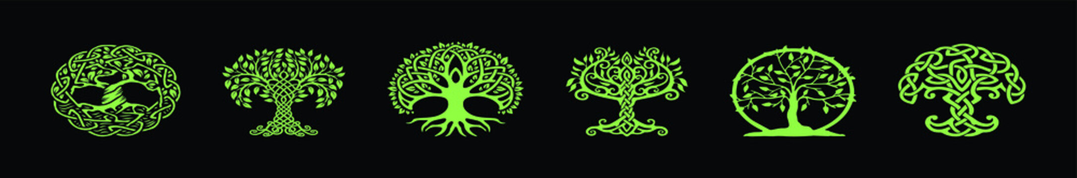 set of tree with roots in various models design template for logo and more isolated on black