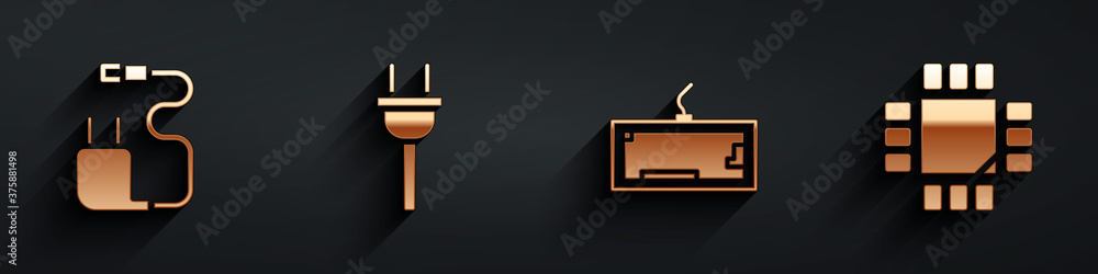 Poster set charger, electric plug, keyboard and processor with microcircuits cpu icon with long shadow. vec