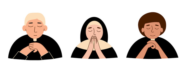Praying priest and nun color avatar vector set