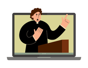 Online church.Church service on video conference. Pastor preaching with laptop vector illustration.