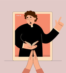 Online church.Church service on video conference. Pastor preaching with laptop vector illustration.