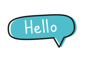 Hello. Handwritten lettering illustration. Black vector text in a blue neon speech bubble. 