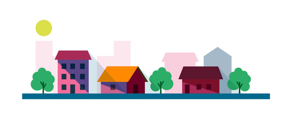 City building houses, road and trees.