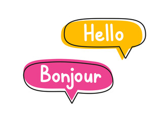 Hello bonjour. Handwritten lettering illustration. Black vector text in pink and yellow neon speech bubbles. 