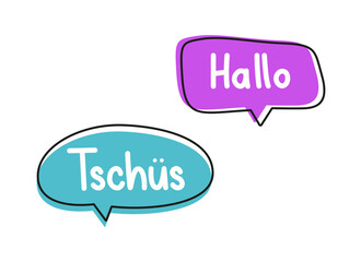 Hallo tschus. Handwritten lettering illustration. Black vector text in pink and blue neon speech bubbles. 