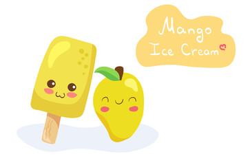 Kawaii Mango Ice Cream & Fruit vector characters isolated on white background. Funny & smiling tropical dessert. Cute food mascot illustration with hand drawn lettering. Invitation, menu design.