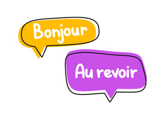 Bonjour au revoir inscription. Handwritten lettering illustration. Black vector text in neon speech bubbles.  © alesika