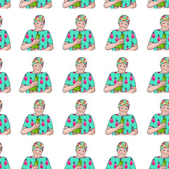 Pattern wuth nice old woman with bong on white background. Hand drawn illustration. Cannabis legalization concept.