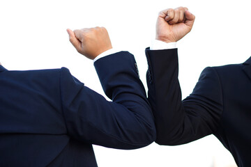Two people Elbow bump. New normal novel greeting to avoid the spread of corona virus. business man...