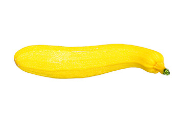 Yellow zucchini on a white background. New crop concept. Isolate, top view. Copy space.