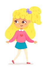 Adorable little girl walking. Small cute child smiles. Happy beautiful school student standing. Smart creative teenager playing outdoor. Young people vector illustration