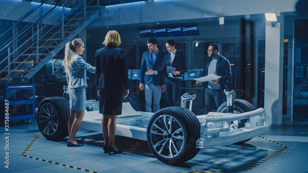 Poster diverse team of automobile design engineers introducing futuristic autonomous electric car platform 