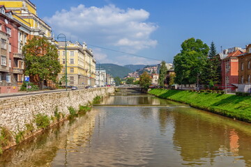 Miljacka river in Sarajevo by day, Bosnia and Herzegovina