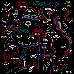 Modern doodle psychedelic fashion eyes abstract composition in minimalist Memphis style with eyes.