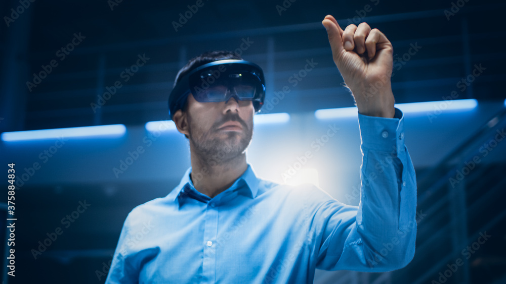 Aufkleber in 3d content creating laboratory engineer wearing professional virtual reality headset works and ge