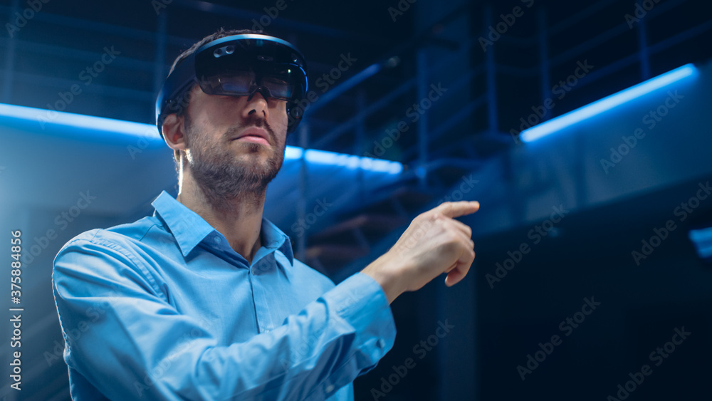 Aufkleber in 3d content creating laboratory engineer wearing professional virtual reality headset works and ge