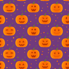 This is a seamless pattern of pumpkin on a purple background.