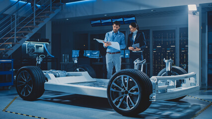 Auto Industry Design Facility: Male Chief Engineer Shows Car Blueprints Female Software Design and Integration Engineer. Electric Vehicle Platform Chassis Concept Has Wheels, Engine and Battery 