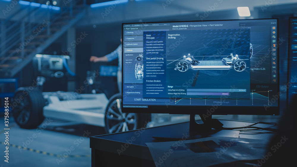 Poster auto industry design facility screens show 3d cad software: electric vehicle platform chassis protot