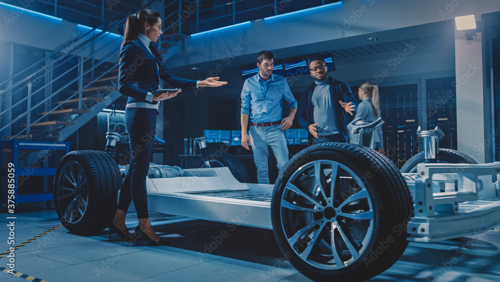 Aufkleber International Team of Automobile Design Engineers Talking and Designing Autonomous Electric Car. Vehicle Platform Chassis Has Wheels, Engines, Battery. Evolution of Clean Renewable Energy Efficiency