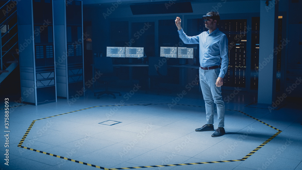 Aufkleber in 3d content creating laboratory engineer wearing professional virtual reality headset works and ge