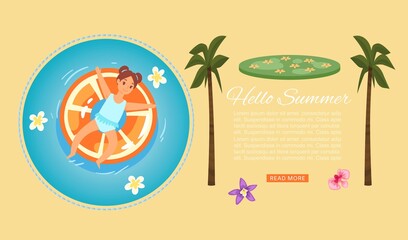 Hello summer, banner inscription, tropic holidays season, tropical poster, travel season, design cartoon style vector illustration. Swimming in water, Joyful girl on rubber ring in pool, sea beach.