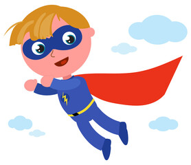 Happy superhero boy in blue costume with lightning bolt flying in the sky, cartoon vector illustration