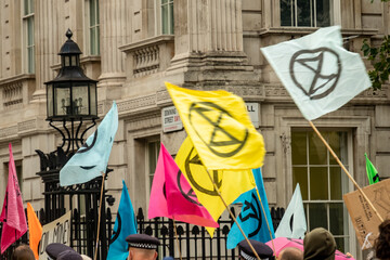 London- Extinction Rebellion flags during a protest outside 10 Downing Street in Whitehall