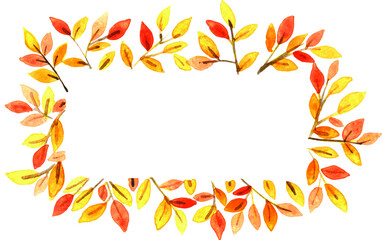 Yellow, red and orange autumn leaves on rectangle frame watercolor hand painting decoration on Autumn season events.