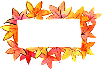 Yellow, red and orange maple leaves on rectangle frame watercolor hand painting decoration on Autumn season events.