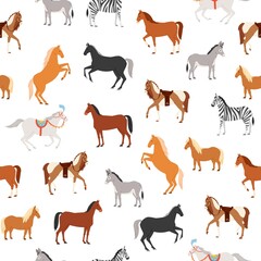Fototapeta premium Ilustracja wektorowa wzór konie. Płaskie roślinożerne zwierzęta kopytne z kreskówek różnorodne obejmują konia, kucyka, osioł zebry biegający lub stojący. Projekt tapety zwierząt domowych, cyrkowych i dzikich zwierząt gospodarskich