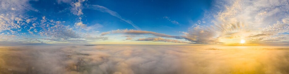 Fototapeta na wymiar 360 panorama of dawn in the fog. seamless background. aerial photo.