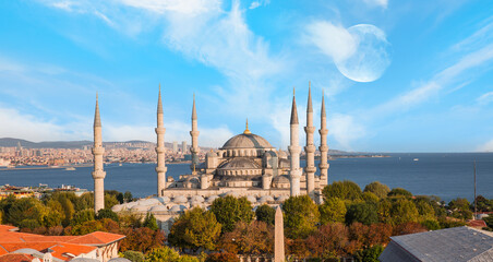 Fototapeta na wymiar The Blue Mosque, (Sultanahmet) with moon - Istanbul, Turkey 