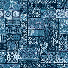 Hawaiiaanse stijl blauwe tapa tribal stof abstracte lappendeken vintage vector naadloze patroon