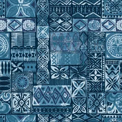 Deurstickers Vintage stijl Hawaiiaanse stijl blauwe tapa tribal stof abstracte lappendeken vintage vector naadloze patroon
