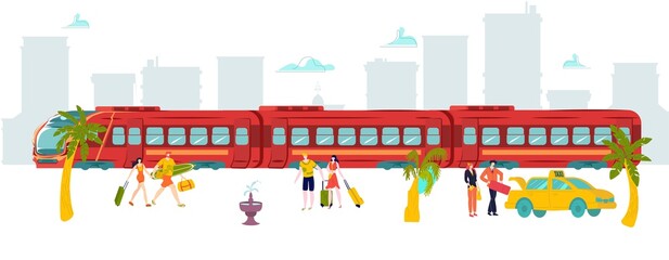 Vacation travel around world train, hot tour tourist, peregrinate world, baggage , design, cartoon style vector illustration. summer vacation tourism, furlough theme, object route location, outdoors.