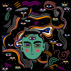 Modern doodle psychedelic fashion eyes abstract composition in minimalist Memphis style with eyes.