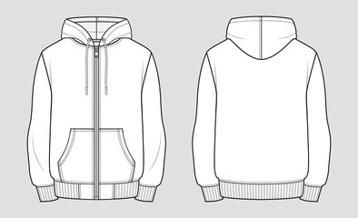 Hooded sweat jacket with zipper. Technical sketch of clothes. Fashion vector illustration