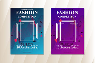 Fashion competition of flyer design template use vertical layout. rectangle space on the middle used to people photo. Blue and purple gradient colors choice.  mamphis style with line pattern oranament