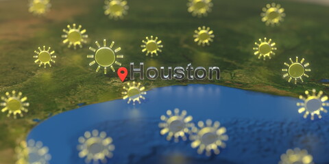 Sunny weather icons near Houston city on the map, weather forecast related 3D rendering