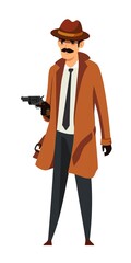 Spy, thief or criminal pointing gun. Sleuth searching and finding killer. Police detective work vector illustration. Inspector following and catching man at street, arms up surrender