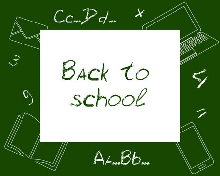 Back to school image, poster design with green board and chalk sign.