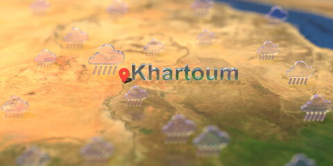 Fototapeta na wymiar Khartoum city and rainy weather icon on the map, weather forecast related 3D rendering