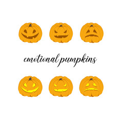 pumpkin jack lantern with different emotions on his face. pumpkins for halloween. vector illustration.