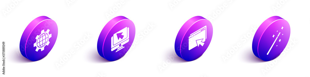 Poster set isometric globe of the earth and gear, computer monitor and cursor, web design and development a