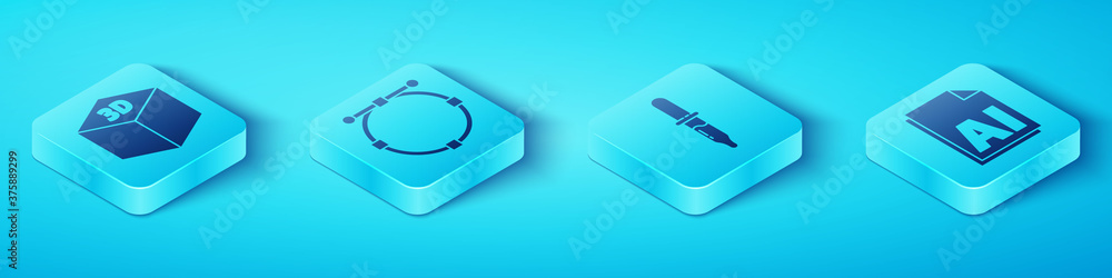 Poster set isometric isometric cube, circle with bezier curve, ai file document and pipette icon. vector.
