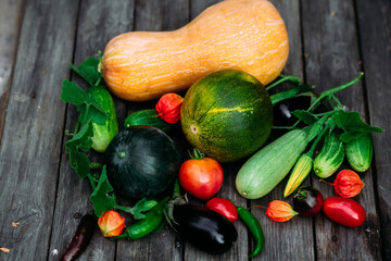 Autumn seasonal vegetables on a wooden background