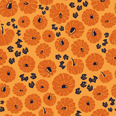 Vector orange pumpkins blue seamless pattern leaves