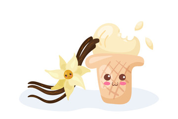 Kawaii Vanilla Ice Cream in Waffle Cone vector character isolated on white background. Cute smiling summer dessert. Funny & happy food mascot illustration with lettering. Print, menu, cafe design.