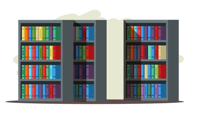 Bookcases with books in university library or bookstore. Interior design of store with bookshelves vector illustration. Modern colorful education background. Horizontal view